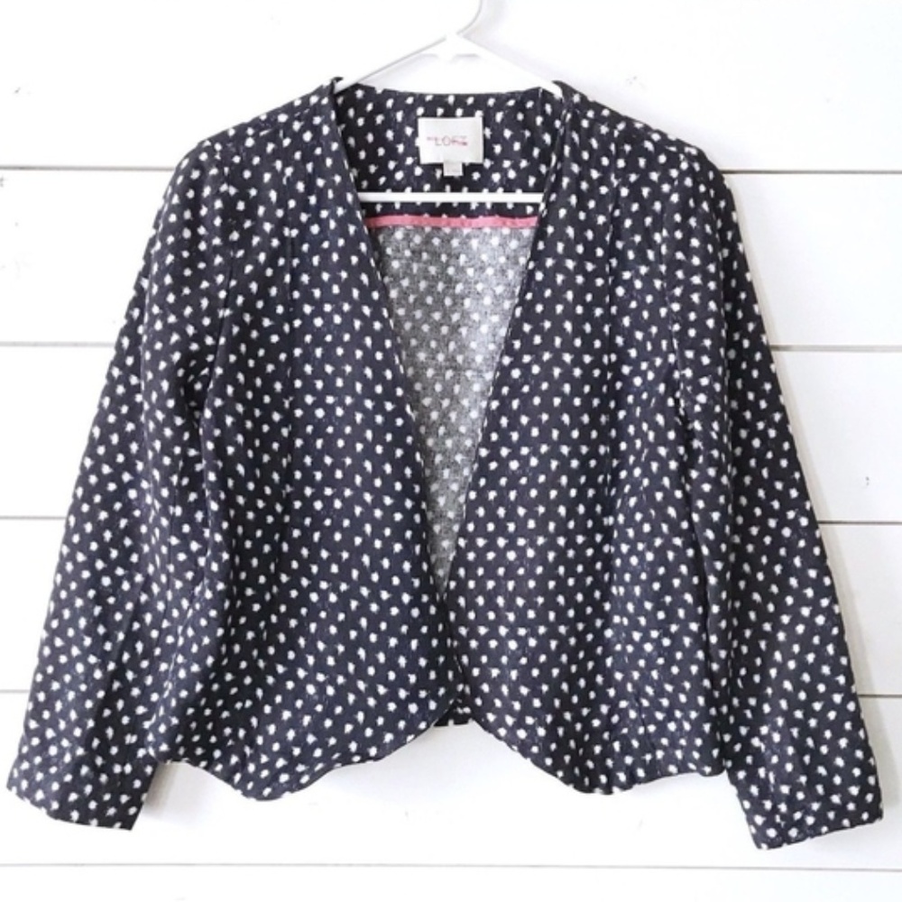 LOFT Blue Dot Open Front Linen Jacket